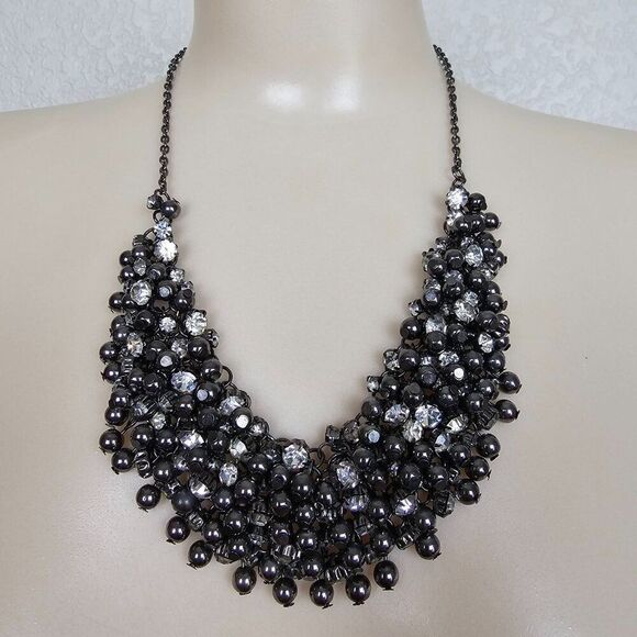 BCBGMaxAzria Statement Necklace Bead Bib Chunky Gunmetal Tone Crystal Rhinestone - Picture 1 of 9